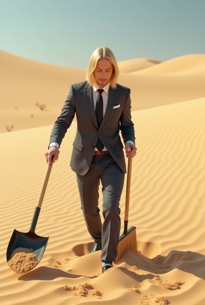 Blonde executive collecting sand with a broom and shovel in the Coro dunes 