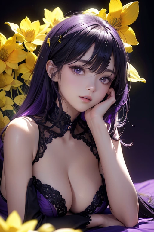 (masterpiece:1.2), Best Quality, (illustration:1.2), (ultra detailed), hyper details, (delicate detailed), (intricate details), (cinematic light, Best Quality Backlights), Delete line, soloist, perfect body, (1 girl), A (((fine art photographer))) using chiaroscuro techniques to create a surreal and fantastical image, where a (((black background))), cut by a (((crisp purple line))), stands out as the backdrop for a (((photo of a model))) lying on her stomach, her head resting on a bed of (((yellow flowers))), their dark purple shadows contrasting with her bright purple hair, (make up), high contrast, (better lighting, an extremely created and beautiful), (cinematic light), showy,