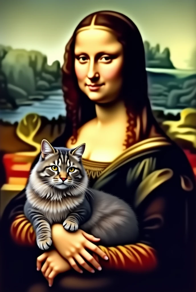 Mona Lisa, with long haired gray tabby cat, black and brown on the lap in 8k
