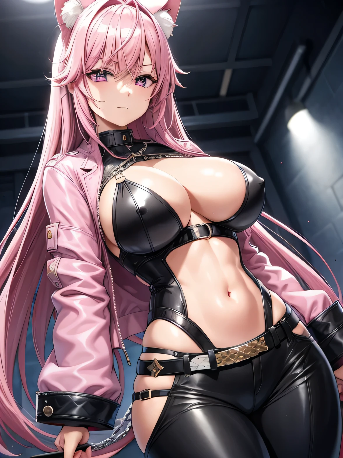 (showoff nipple),Pink Hair、woman、Pink Eyes、Cute Face、Masseter muscle area、Ruffled black jacket、There are a lot of belts、Silver Chain、Cool clothes、sticking out the navel、Look at this、length、Side Tail、Big Boobs、 without bra