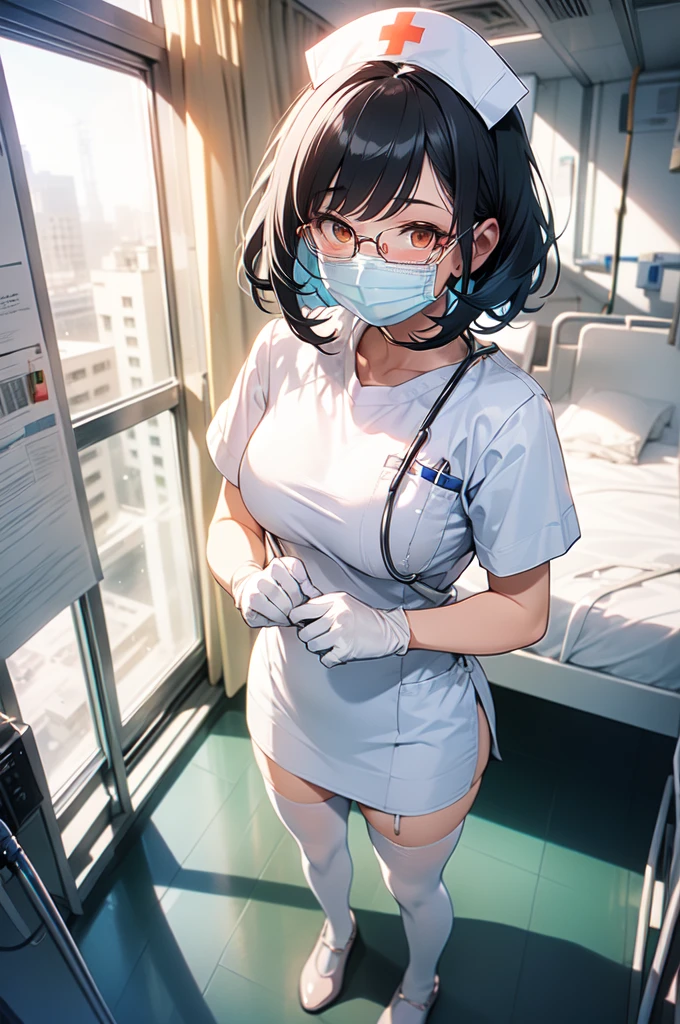 1woman, solo, nurse, white nurse cap, white nurse uniform, ((white legwear, zettai ryouiki)), white gloves, glasses, blue hair, orange eyes, ((white surgical mask, covered nose)), standing, ((hospital room)), sharp outline, short sleeves, mature female, 3, best quality, masterpiece
