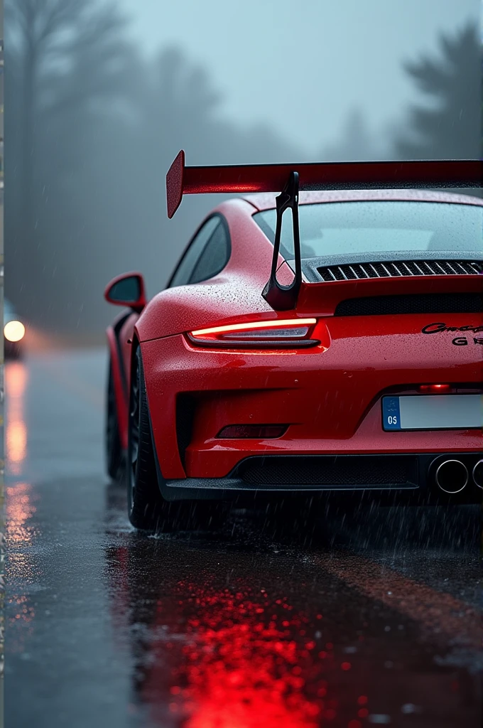 porsche 911 GT3 rs in rain taillight view