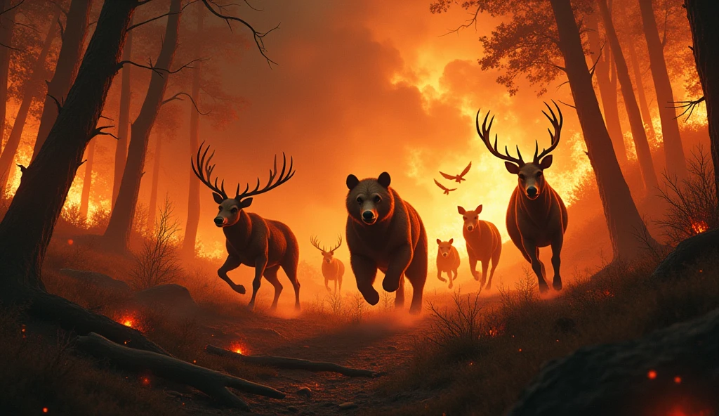 Animals escape from burning forest