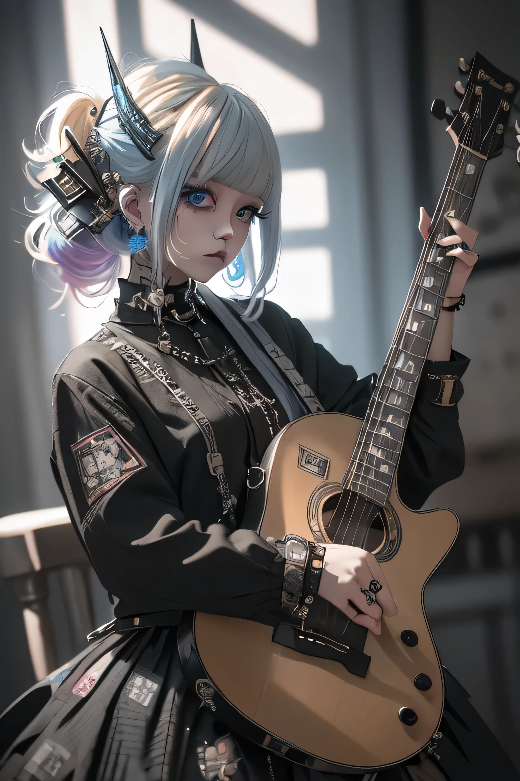 High quality picture, masterpiece, 8k, blond bobbed hair, short punk long shirt, wearing a skirt with punk design,, looking frontal and provocative, big blue eyes, colourful make-up, sophisticated description, holding guitar,, rock-style room