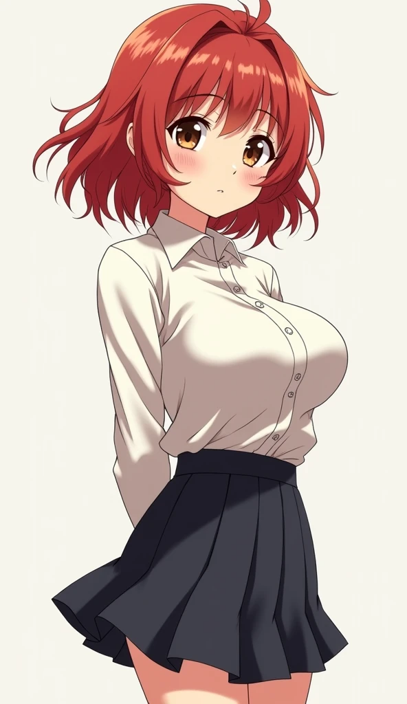 1girl, (((gigantic breasts, heavy breasts, round breasts, slender))): 1.33, red hair, short hair, brown eyes, smile, school uniform, arms behind back, anime