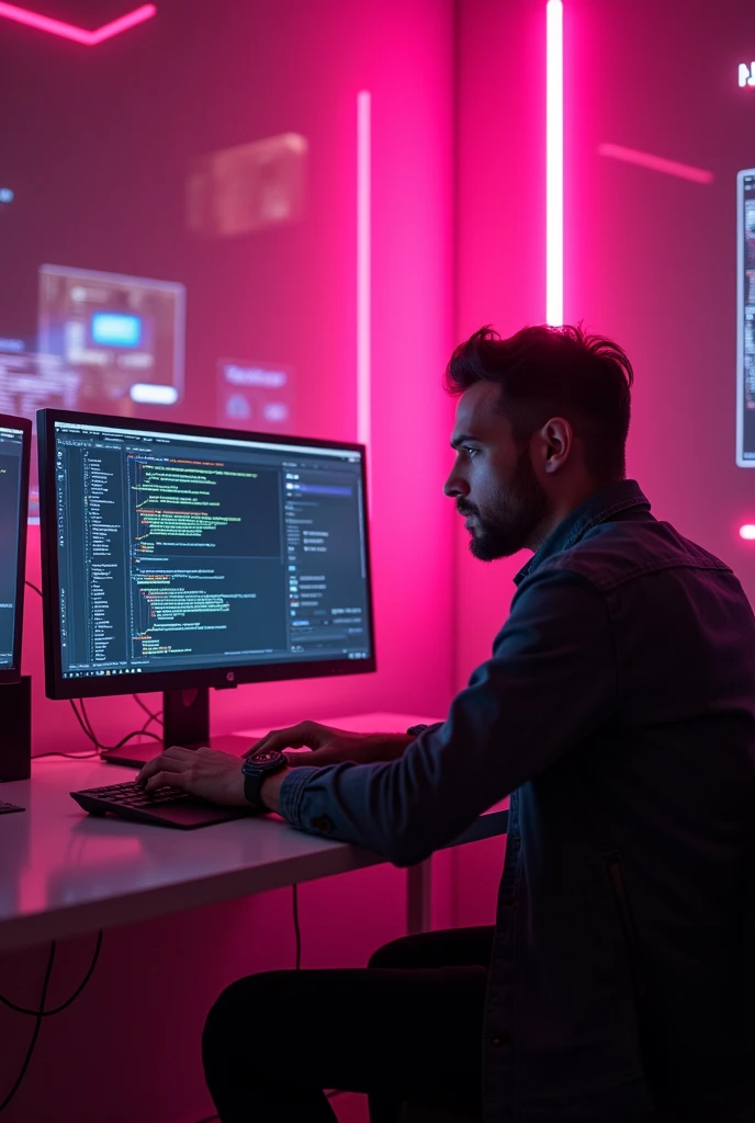 Il y a un homme assis à un bureau avec deux écrans d'ordinateur., éclairage rose et , Post-production 8k, Post-production 8K, Éclairage rose , Post-production 8k, Post-production 8K, composition, Cyberpunk Clay, avec éclairage cinéma, éclairage aux couleurs cinématographiques, Rendu 3D 8K tir, Portrait pris en 8K avec le logo de "Jennay fit en rose "