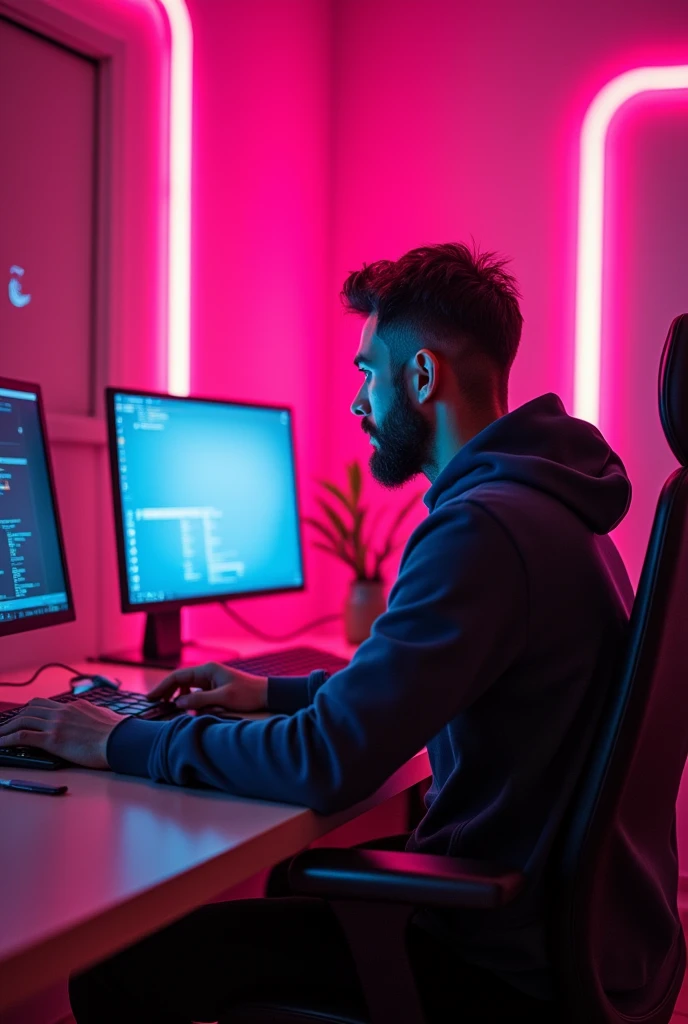 Il y a un homme assis à un bureau avec deux écrans d'ordinateur., éclairage rose et , Post-production 8k, Post-production 8K, Éclairage rose , Post-production 8k, Post-production 8K, composition, Cyberpunk Clay, avec éclairage cinéma, éclairage aux couleurs cinématographiques, Rendu 3D 8K tir, Portrait pris en 8K avec le logo de "Jennay fit en rose "