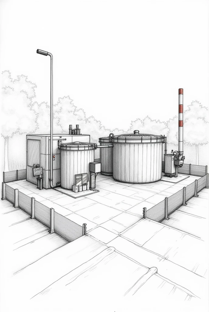 Drawn using pencil 1. **Start by drawing the basics of the storage area.**:
- Draw a rectangle to show the total storage space..
- Add a fence around the area by drawing horizontal and vertical lines to form a fence..
2. **Drawing of chemical tank**:
- Draw the tank as a cylinder, you can draw small curves at the top and bottom of the cylinder to show the curves..
- Arrange these tanks horizontally and vertically as shown in the sample image..
3. **Add structural details**:
- Draw the roof or structure that covers part of the storage area..
- Draw stairs and shelves for bins in the storage area..
4. **Put up a warning sign**:
- Draw various warning signs as seen in the picture, such as signs "No Smoking" And signs "Flammable".
- Use lines and rectangles as the basis of the sign..
5. **Draw protective gear**:
- Draw a small cylindrical fire extinguisher and attach it to the fence wall..
- Draw a leak prevention sheet under the chemical tank..
6. **Add other details**:
- Draw the floor in straight and vertical lines to make it look like a concrete floor..
- Add details to trees or background to make the image look more realistic..