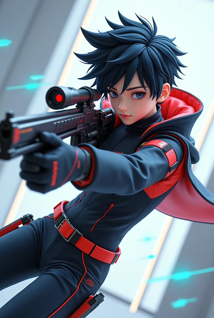 3D style anime boy aiming a gun to the left side