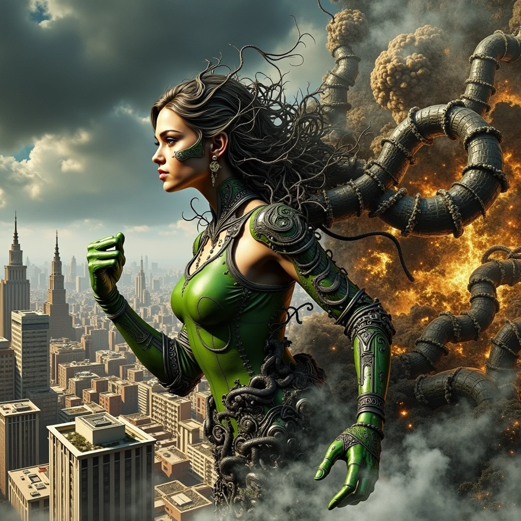  a young lady,displaying her own power.((corruption,entropy,decay,resilient, toxic)),((dark green,rusted brown, yellow greenish)),(( Full figure wiew)). ((Three quarter wiew)).((fractal)),((deep wiew)),modern suburbs scenario background,photographic,ultra high resolution,hyperdetailed, masterpiece, 3d modelling, digital art.