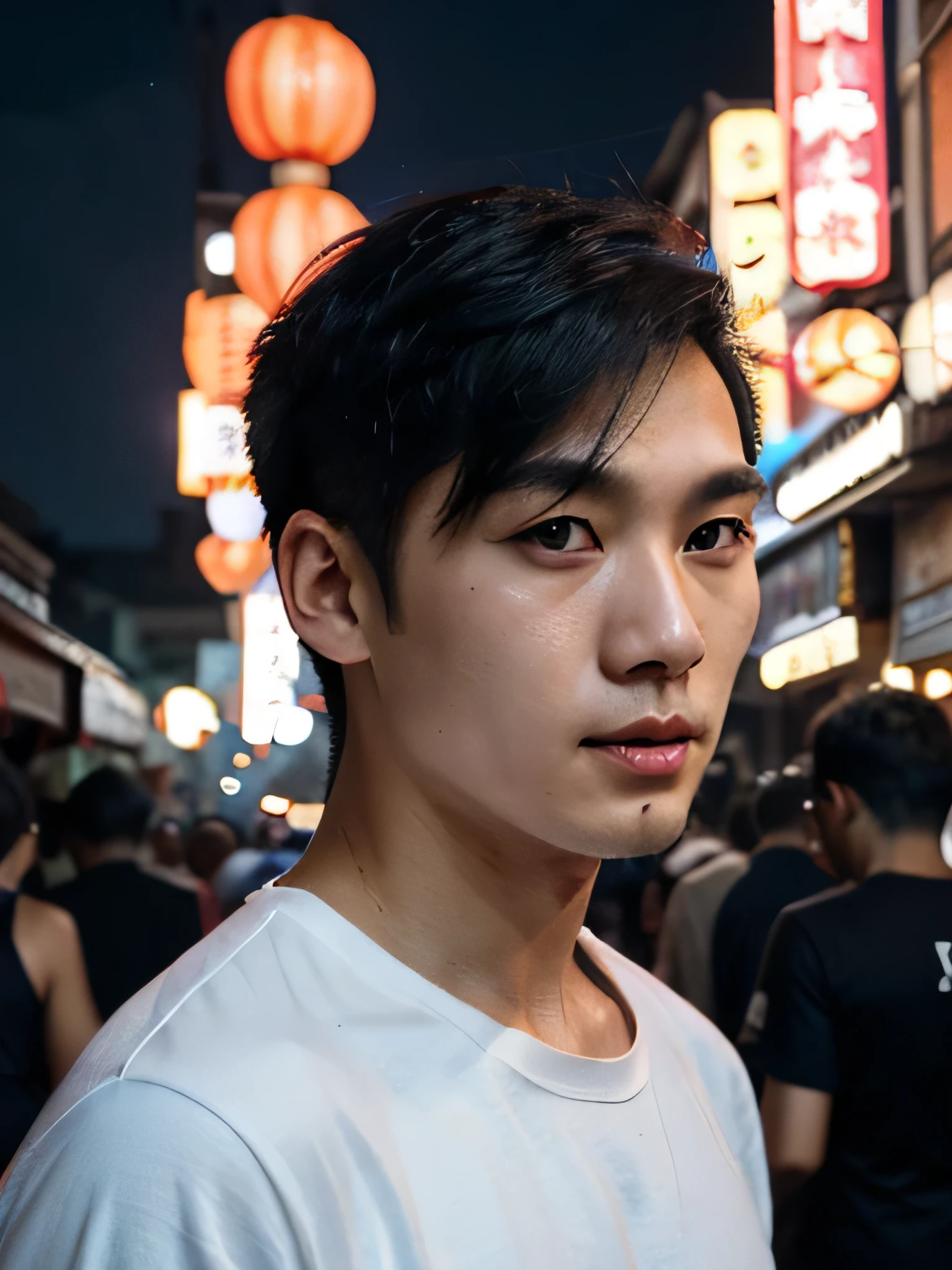 Chinese man, 2, handsome masculine face , big eyes, high nose, smooth white skin, pink lips, black undercut hair wearing navy tshirt, fujian night market , natural light, night 