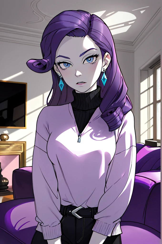women, blue eyes, Pale skin, Curly Purple Hair, wearing turtleneck, Black pants, earrings, looking to the camera, surprised expression, inside, Living room, Instagram Pose, comfortable room, hot colors, bright lighting, moody atmosphere, Long hair
