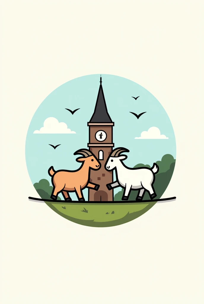 Simple logo for a sport group called "Slackline Poznan" with two goats. City town hall tower in the background.