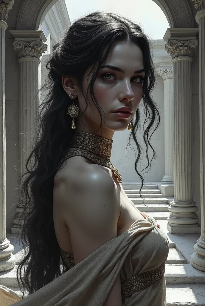 Different mood indian with large eyes woman with very long hair, showing clevage, clutched in deep gold towel, wide angle in a silver vintage bathroom, perfect anatomy, illustrative, painterly, detailed, UHD drawing, pen and ink, perfect composition, beautiful detailed intricate insanely detailed octane render trending on artstation, 8k artistic photography, photorealistic concept art, soft natural