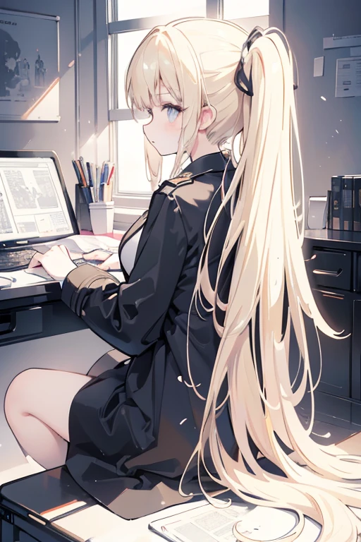 (masterpiece:1.2), Best Quality, (illustration:1.2), (ultra detailed), hyper details, (delicate detailed), (intricate details), (cinematic light, Best Quality Backlights), Delete line, soloist, perfect body, (1 girl), against a plain backdrop, sitting in an office chair, side profile, ((anime graphic novel style)) full body, character design, beautifull blonde woman, long hair, ponytail, bangs , 3, with black trench coat, big eyes, gloomy and eerie, volumetric light, (make up), high contrast, (better lighting, an extremely created and beautiful), (cinematic light), showy,