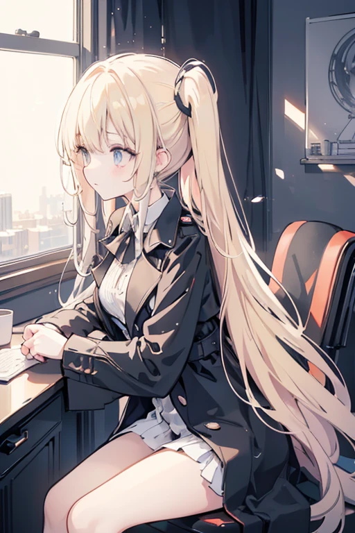 (masterpiece:1.2), Best Quality, (illustration:1.2), (ultra detailed), hyper details, (delicate detailed), (intricate details), (cinematic light, Best Quality Backlights), Delete line, soloist, perfect body, (1 girl), against a plain backdrop, sitting in an office chair, side profile, ((anime graphic novel style)) full body, character design, beautifull blonde woman, long hair, ponytail, bangs , 3, with black trench coat, big eyes, gloomy and eerie, volumetric light, (make up), high contrast, (better lighting, an extremely created and beautiful), (cinematic light), showy,
