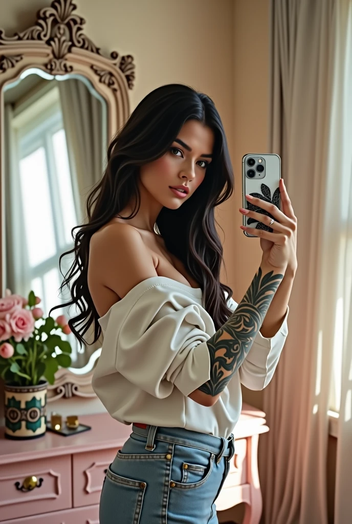 Caucasian female, slim, with long black hair, Black and white flower tattoo on the arm, with big breasts and big strapless shirt with big cleavage taking a picture in front of the mirror with her iPhone