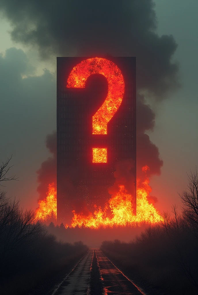 Image of Xbox headquarters on fire. Doom and gloom atmosphere. Add a nice red question mark in the center of the image with the size almost as big as the Xbox building