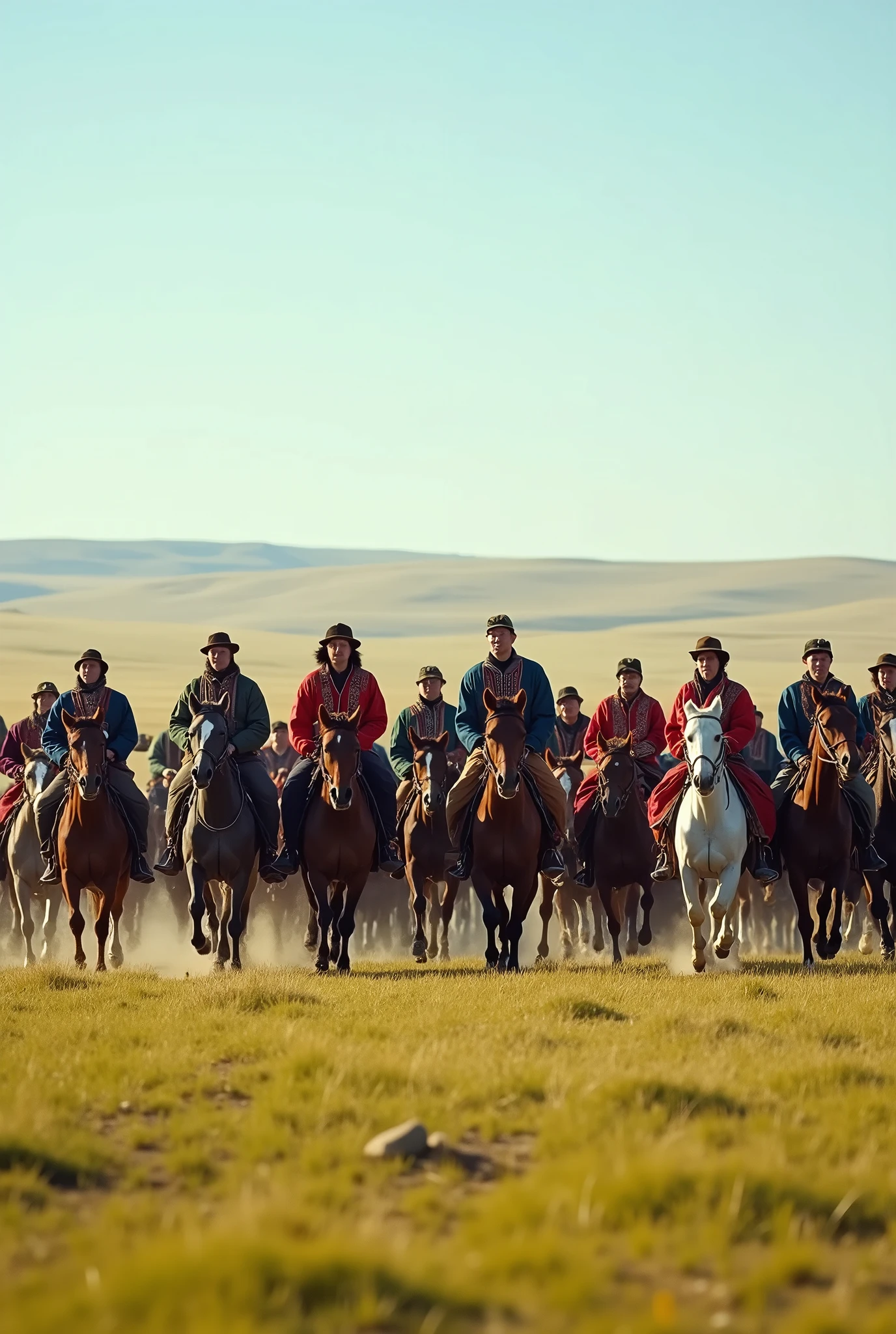 "Depict a vast, open steppe with a mix of green and golden grasses stretching to the horizon under a bright, clear sky. The scene features 1,000 modern Mongolians on horseback, riding together in a powerful, cover the steppe. The riders wear a mix of traditional and contemporary clothing—some in modern versions of the 'deel' with updated patterns and colors. Their horses are strong and well-groomed, moving confidently across the steppe. Capture the sense of camaraderie and pride among the riders, The overall atmosphere should convey the harmony between tradition and the present, with the endless steppe highlighting the connection between the people and their land."