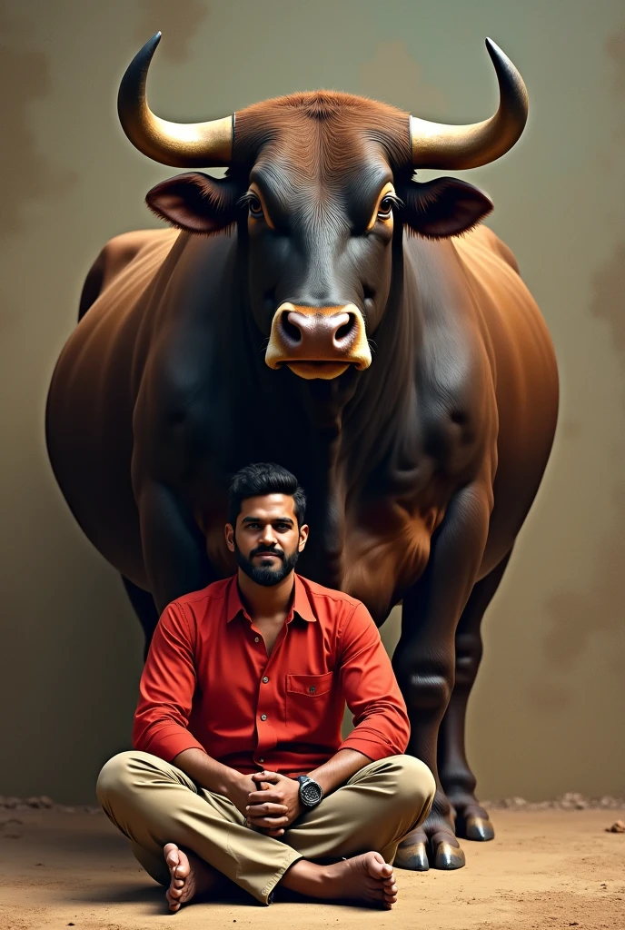 a man is sitting next to a bull, man wearing red shirt