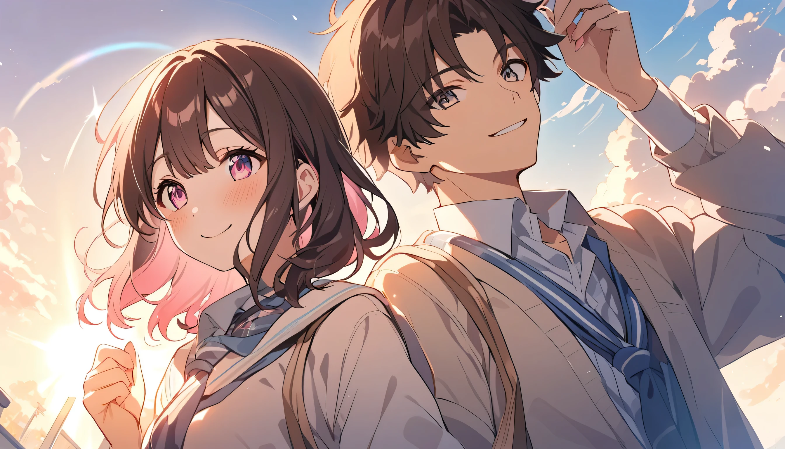 high school student,1 male,1 female,Medium Hair, Dark brown hair, Pink highlights on the tip, Pale pink eyes,Smile Facial,Blue Sky Morning,Light of the sun,seihuku,Going to school