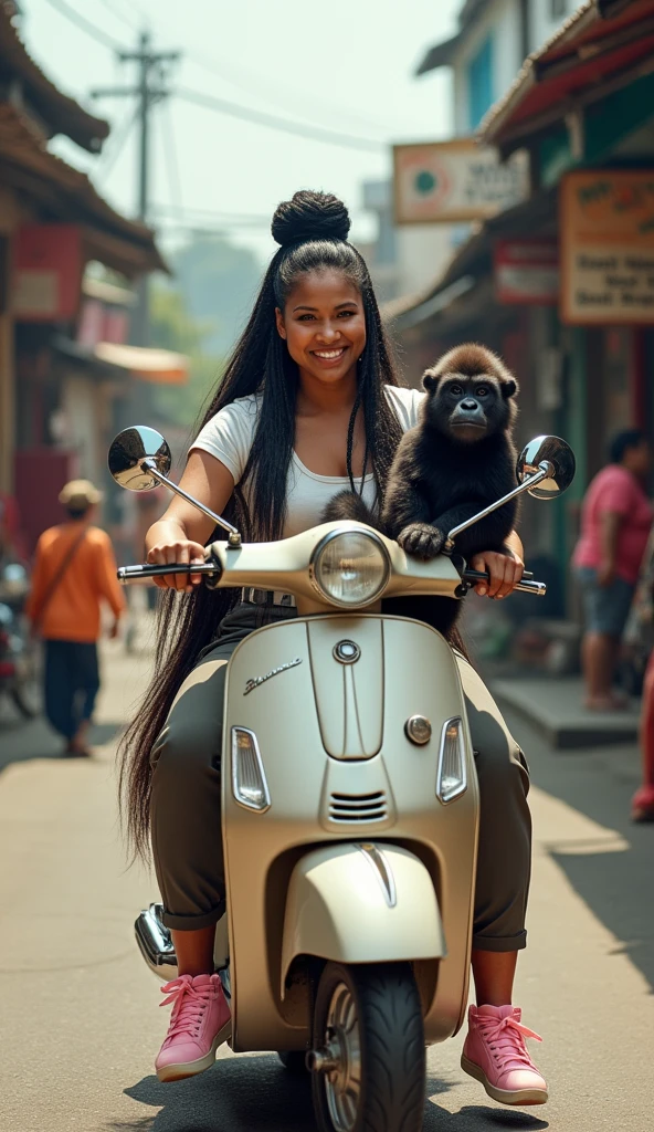 A beautiful Indonesian woman, slightly fat body, white skin, long rasta hair in a bun, wearing a T-shirt, trousers, wearing pink sneakers, smiling face, riding a Vespa while holding a gorilla in front, on a village road, busy with people, minimal disability, very detailed, realistic