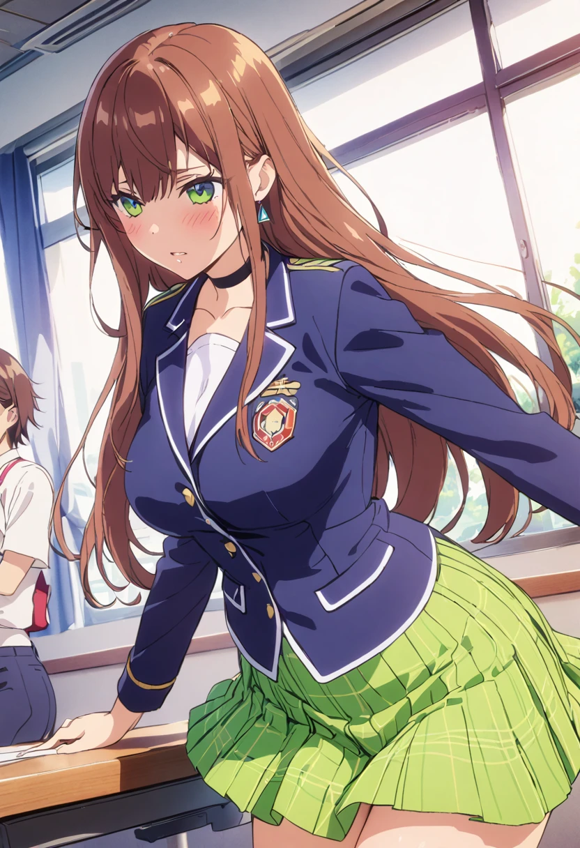 (Highest quality, 4K, 8k, High resolution, masterpiece:1.2), Very detailed, Picturesque, Animated Photography, Photo Animation:1.37)、Japanese girl、(brown Hair)、(mediumlong hair)、uniform、White shirt、Yellow-green checkered skirt、Navy blue jacket、Black choker、classroom、Nakano Miku
