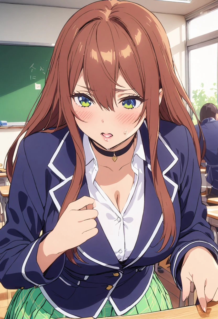 (Highest quality, 4K, 8k, High resolution, masterpiece:1.2), Very detailed, Picturesque, Animated Photography, Photo Animation:1.37)、Japanese girl、(brown Hair)、(mediumlong hair)、uniform、White shirt、Yellow-green checkered skirt、Navy blue jacket、Black choker、classroom、Nakano Miku
