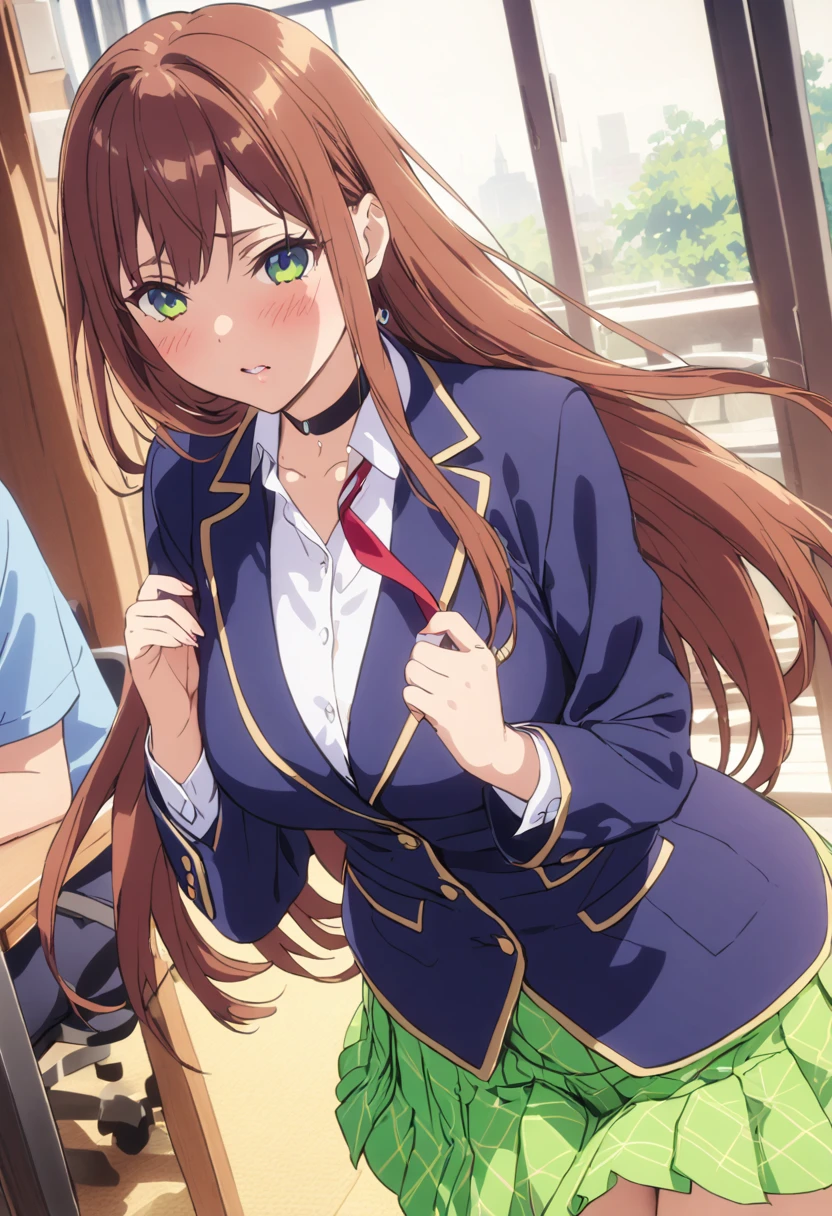 (Highest quality, 4K, 8k, High resolution, masterpiece:1.2), Very detailed, Picturesque, Animated Photography, Photo Animation:1.37)、Japanese girl、(brown Hair)、(mediumlong hair)、uniform、White shirt、Yellow-green checkered skirt、Navy blue jacket、Black choker、classroom、Nakano Miku