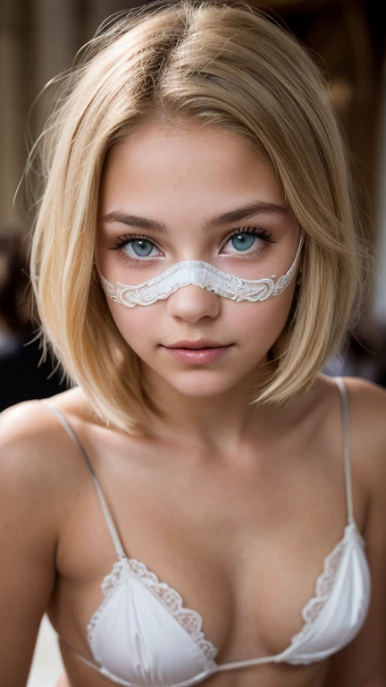 ((Ultra Detail)), Beautiful Art, (((18 yo blonde teen girl . Full lips. Eyes wide))). ((Very short hair)), high details, best quality, high school uniform, micro bikini, Garter RingWedding in an old church, string bikini,(woman in a masquerade ,elegant venetian mask,intricate costume,beautiful detailed eyes,beautiful detailed lips,extremely detailed face,highly detailed mask),