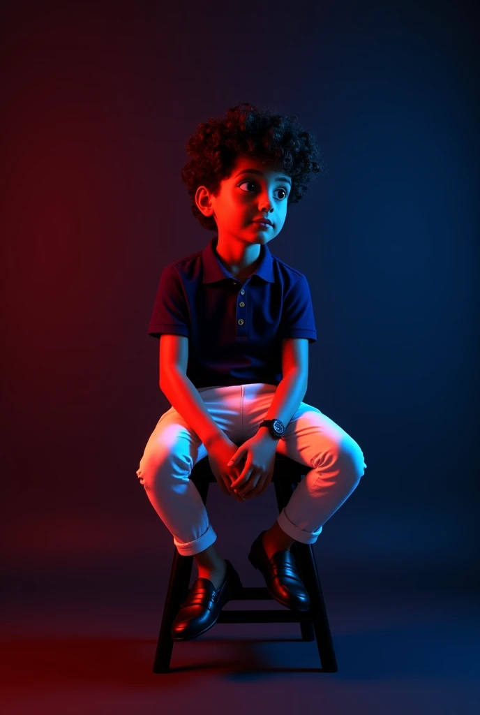 A tan boy with and black curly hair and navy blue polo t shirt and white long trousers and old watch on it and black loafers sitting on black stool and black background red and blue light on it the boy turning right side
