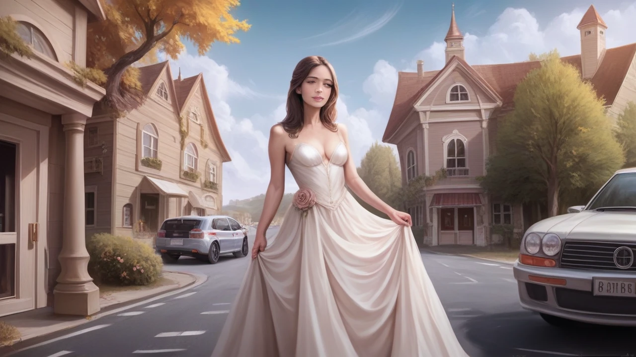 A beautiful college girl, detailed face, beautiful eyes, long eyelashes, detailed lips, elegant dress, standing by the roadside, waiting for a taxi, under a large tree, two-story house with big gate in the background, (best quality,4k,8k,highres,masterpiece:1.2),ultra-detailed,(realistic,photorealistic,photo-realistic:1.37),detailed landscape, cinematic lighting, warm color tones, golden hour, cinematic composition