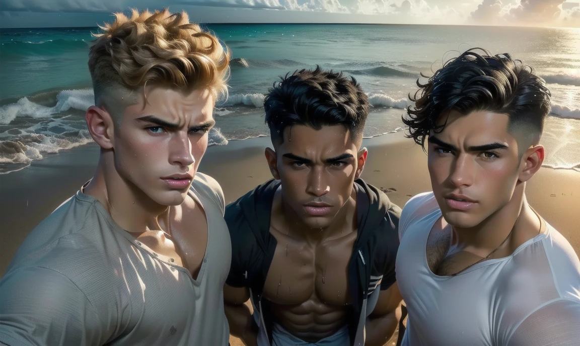 [((highly detailed, detailed eyes, detailed face, clear and realistic facial features, photorealistic, realistic light, cinematic, close up)), ((((group of 3 men, each man looks unique, each man has a different natural hair color and length, each man has slightly different natural skin tone, each man has different facial features)))), (((group of sexy male college-age jocks standing on the beach and looking angry or frustrated or horny))), ((wearing weathered casual clothes)), ((wet)), ((beautiful deserted tropical island with a storm in background))]