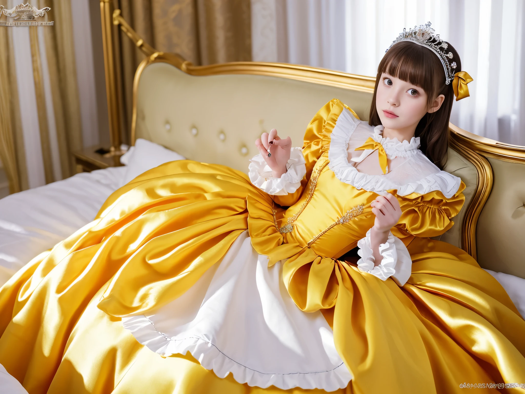 ,highest quality, masterpiece, highest resolution, artwork, super それにget used to it, many get used to it, get used to it, それにget used to it, 3k realistic pictures,,(( girls)),Ultra-detailed juvenile face,three are princesses,full length ball gown dress with hoop skirt,ruffled yoke collar,puff sleeves,long sleeve,((Lolita style yellow detailed princess satin dress with lots of ruffles and ribbons)),Rococo style lolita fashion,shiny satin dress,Soft and smooth fabric,luxury,long blonde hair,blue eyes,white skin european,Pajama,((in the bedroom)),luxury princess canopy frilled bed,super detailed silk satin bed,lot of frilled pillows,lying on the bed,High-quality background,