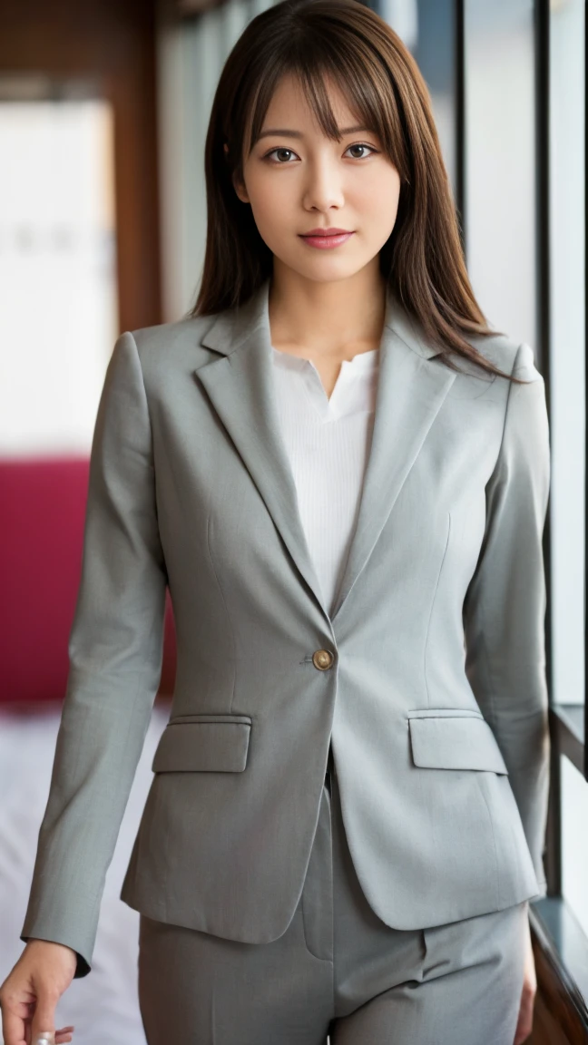 (top-quality, 16K, masterpiece:1.3), (ultra detailed), (masterpiece), (best quality), Highest quality, Realistic, surreal, Highest quality, Extremely detailed CG, Very delicate, 16K wallpaper, High resolution, A female manager working for a top company, 3, UNTITLED business suits, Japanese office with large windows, Japanese, slender body, very detailed, detailed fingers, detailed hands, detailed eyes, detailed legs, accurate and perfect human anatomy, real human skin, BREAK ((look into the viewer's eyes:1.5)), ((looking at viewer:1.5)), ((Front view:1.5)), ((from front:1.5)),