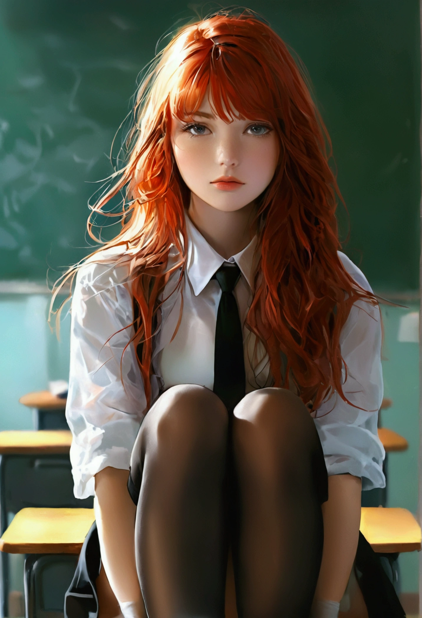 ultra realistic, photography, long red hair, irish girl, 2, hourglass figure, perfect body, small breasts, Flirty look, blur background, wearing a school girl outfit (open blouse with cleavage, skirt, white opaque thigh socks, a tie), sitting in classroom, sitting on a chair behind her desk, looking sedcutively, playing with a strand of her hair, she has her legs crossed, 