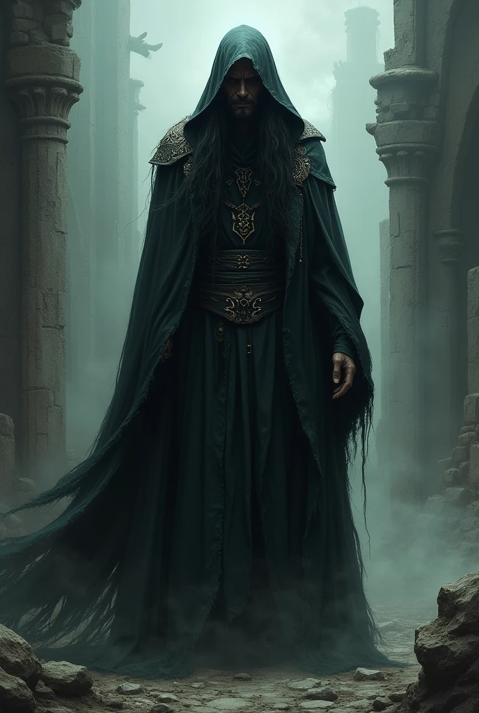 Necromancer, paint, long hair, black hair, black clothes, overcoat, dark ambience, medieval.