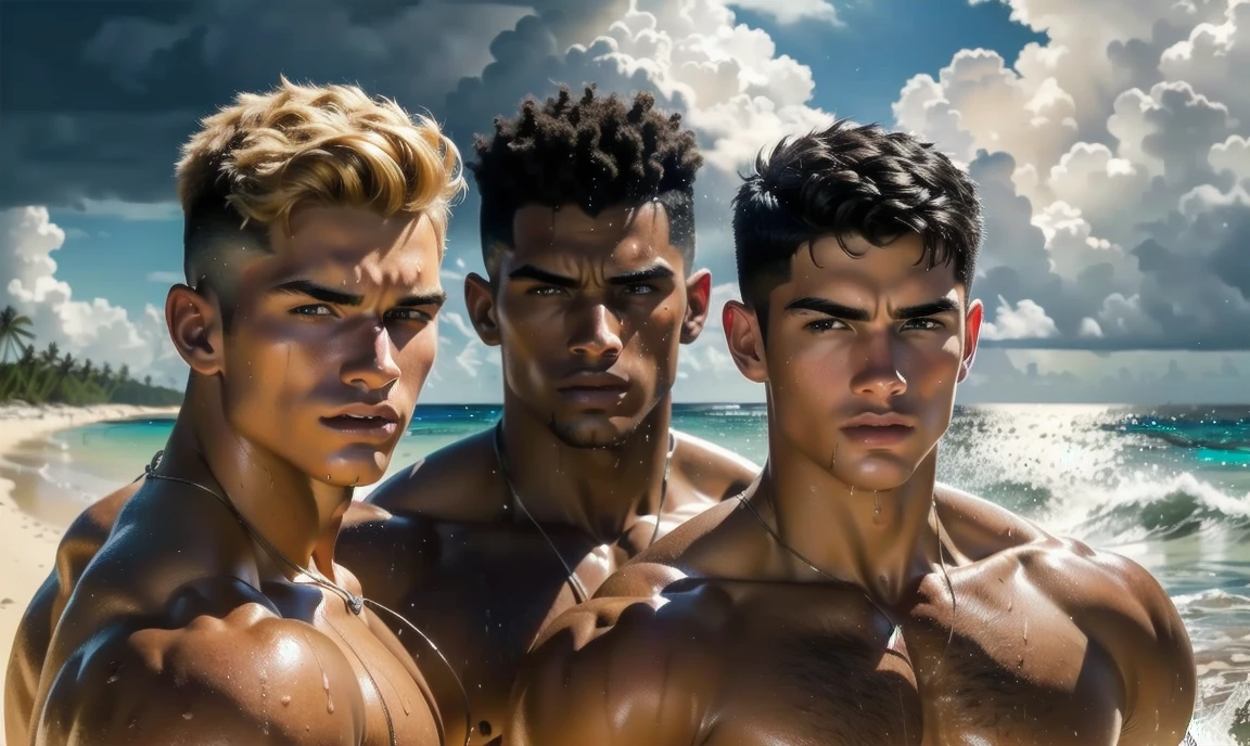 [((highly detailed, detailed eyes, detailed face, clear and realistic facial features, photorealistic, realistic light, cinematic)), ((((group of 3 men, each man looks unique, each man has a different natural hair color and different facial features and skin color)))), (((group of sexy male college-age jocks standing on the beach and looking angry or frustrated))), ((wearing weathered casual clothes)), ((wet)), ((beautiful deserted tropical island with a storm in background))]