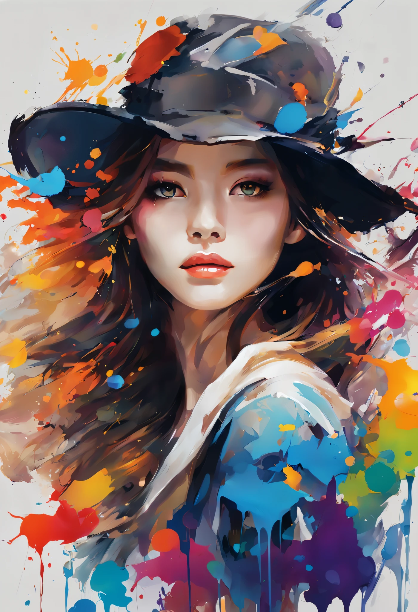 masterpiece, splash art, colorful, colorful splash art, reduce、Scattered paint painting, magician, beautiful girl,Stylized abstract portrait of beautiful girl