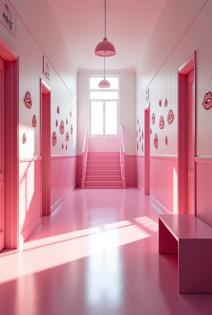 (photorealism:1.2) 
Inside a pink and white classic school hallway second floor of a pink classic school, Along the hallway there are some classic school pink open doors of the different classes rooms. There's a long pink bench along the hallway, 
At the right hand side of the hallway there's a pink school stairway that 
open door that leads to the school first floor, there are many drawings of 💋 can be seen on the walls, 
View: Over the shoulder perspective photo, 
high resolution, masterpiece, best quality, intricate details, highly detailed, Hiperrealistic