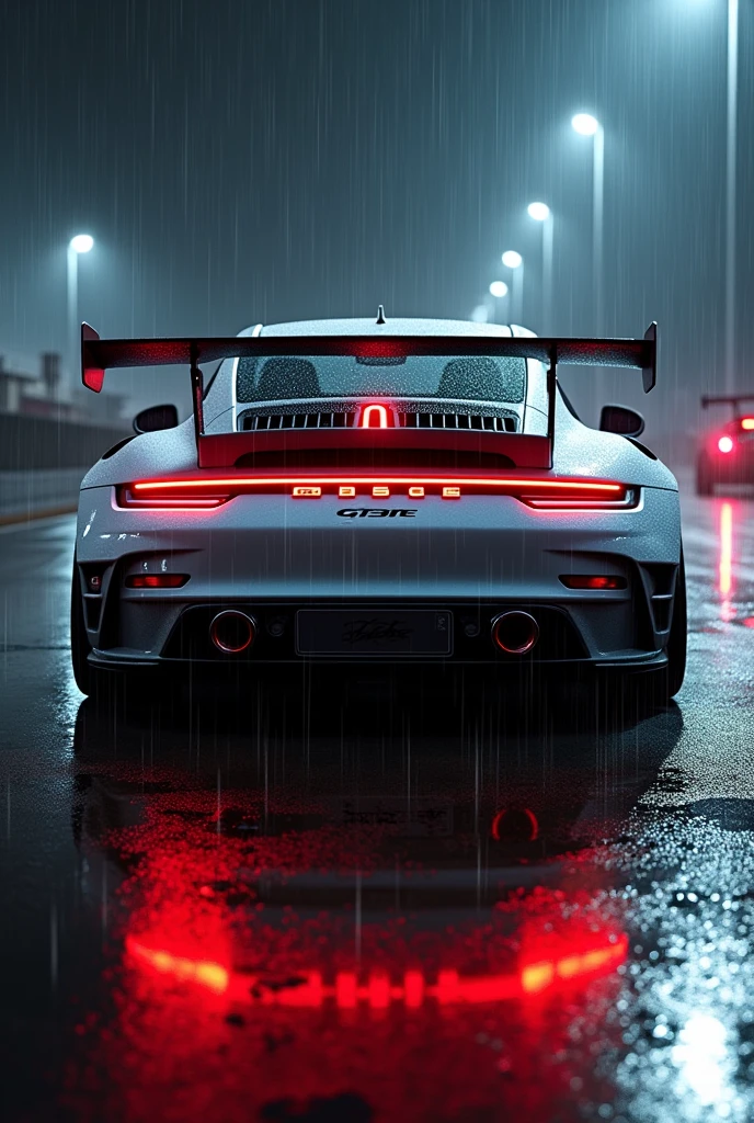 porsche 912 GT3 rs in rain taillight view