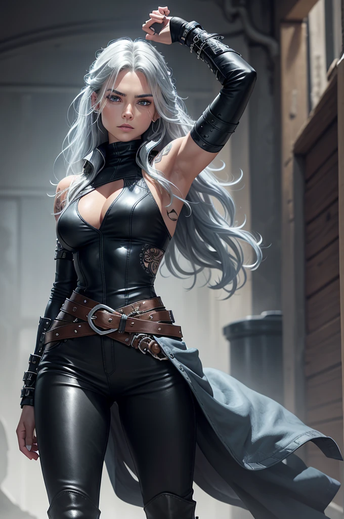 Strong female warrior with lean muscular build, ice blue eyes, long wavy silver hair with natural blue streaks, medium tan skin tone and elaborate tribal scars and tattoos on the body, long, flowing black leather coat with a high collar, fitted, black sleeveless turtle-neck tunic which is cinched at the waist with a wide belt, black leather fingerless gauntlets, black slim fitting leather pants, black sturdy boots.