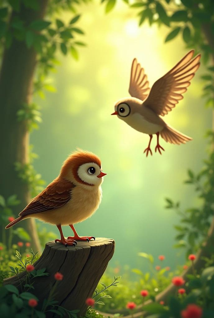 **The Little Bird Who Didn't Believe**

In a lush, green forest filled with the sweet songs of birds, there lived a small, brown sparrow named Pip. Pip was a curious bird, always asking questions and exploring new places. But there was one thing Pip didn’t believe in—his own ability to fly.

"You’re just a little bird," Pip would say to himself. "Flying is for big birds with strong wings."

Every morning, Pip would watch the other birds take off into the sky, soaring effortlessly and chirping happily as they disappeared into the clouds. Pip would watch from the ground, dreaming of what it would be like to fly but never trying it himself.

One sunny day, while Pip was pecking at some seeds, he heard a loud commotion. He looked up to see a young robin named Rosie flapping her wings frantically while perched on a low branch.

"Help! I can't get off this branch!" Rosie cried.

Pip rushed over and looked up at her. "Don’t worry, Rosie. I’m sure you’ll figure it out."

Rosie shook her feathers and looked embarrassed. "I’m trying, but I’m too small to fly properly."

Pip felt a pang of sympathy and remembered his own fears. "I know how you feel. I’m too small to fly, too."

Just then, Wise Old Owl, who had been watching from a high branch, spoke up. "Pip, Rosie, you both have wings. It's not about size; it’s about believing in yourself."

Pip and Rosie exchanged puzzled glances. "But how can we believe in ourselves if we’re afraid?" Rosie asked.

The wise owl hooted softly. "Sometimes, we have to take a leap of faith, even if we’re scared. Pip, you’ve been watching others fly for so long. Maybe it’s time to try yourself."

Pip thought about this. He had always been afraid to even attempt flying, convinced it wasn’t something he could do. But seeing Rosie’s struggle and hearing Wise Old Owl’s words gave him a new sense of courage.

"I’ll give it a try," Pip decided.

He hopped to the edge of a small hill, flapped his wings a few times, and took a deep breath. Pip looked up 