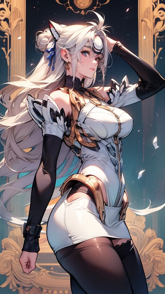 (masterpiece: 1.2), (best quality: 1.2) 1 woman, mature, tall (1.85), appeared to be around 2, had silver (light) hair, straight and shiny hair, tied up in samurai bun, bangs, silver eyes like the purest silver, extremely detailed eyes, perfect eyes, extremely realistic eyes, well-lined eyes, long eyelashes, anime style, perfect face, milf face, sculpted chin, ultra feminine chin, lips fleshy, smiling, mature, fair skin, natural body, sexy body, milf body, both hands on her waist, perfect hands, detailed hands, hands well proportioned to the body, realistic hands, arms with good anatomy, she only wore a jacket black leather with long sleeves, white blouse under the jacket that still couldn't hide her extremely large and enormous breasts that hung down due to her size, muscular abdomen, well-defined six-pack, black leather pants with blue details on the legs, ankle boots brown high tops, thick thighs, curvy ass, wide hips, looking at viewer, backdrop on top of a European style castle, posing standing, straight waist, alone, looking at viewer