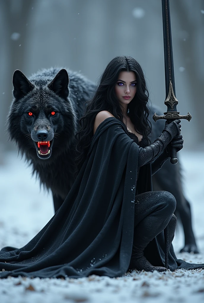 (photorealism:1.2), a beautiful white woman with long black wavy hair and a purple eyes, her expression is more fierce. She's kneeling and raising her mystical sword she's wearing a black gown because she's the queen of mystical beasts. And one giant big mystical wolf behind her make it looks like it screaming. And the eyes of the wolf is red. Make it dark fantasy, and accurate for a novel book cover. And it's snowing. MAKE IT 3D