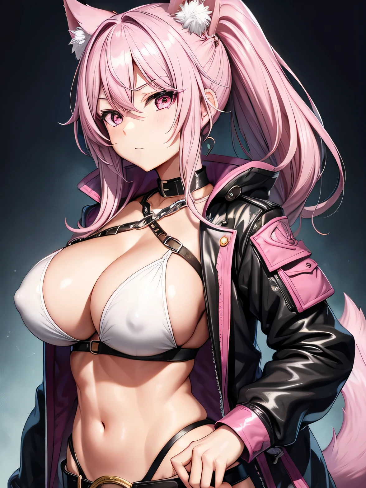 (showoff cleavage)、(big boob)、(small nipple)、Pink Hair、woman、Pink Eyes、Cute Face、Masseter muscle area、Ruffled black jacket、There are a lot of belts、Silver Chain、Cool clothes、sticking out the navel、Look at this、length、Side Tail、