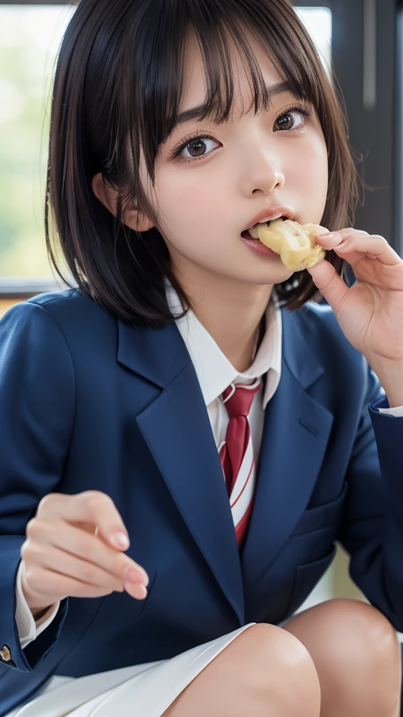 ((masterpiece, Highest quality, High resolution)), Japanese high school girl(Realistic: 1.4), Excited、Open your mouth wide、Great face,Glossy Lips、, short hair、(Beautiful Hair:1.5), Slender、Japanese High School Uniform、(Navy Blue Blazer、Navy blue jacket)、(White dress shirt)、(Red tie)、(Navy blue mini skirt、Beautiful legs)、In the bedroom、Crouch down、((Eating a big banana))、Detailed and real fingers、Landscape orientation、Side angle、Smooth, Highly detailed CG composite 8K wallpaper, High resolutionのRAWカラー写真, Professional photography, Light, BackLight, dream-like, impressive, Written boundary depth, (Face close-up:1.5)