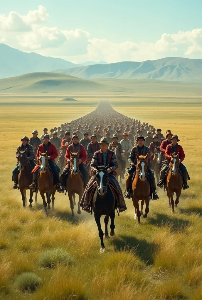 "Depict a vast, open steppe with a mix of green and golden grasses stretching to the horizon under a bright, clear sky. The scene features 1,000 modern Mongolians on horseback, riding together in a powerful, cover the steppe. The riders wear a mix of traditional and contemporary clothing—some in modern versions of the 'deel' with updated patterns and colors. Their horses are strong and well-groomed, moving confidently across the steppe. Capture the sense of camaraderie and pride among the riders, The overall atmosphere should convey the harmony between tradition and the present, with the endless steppe highlighting the connection between the people and their land."