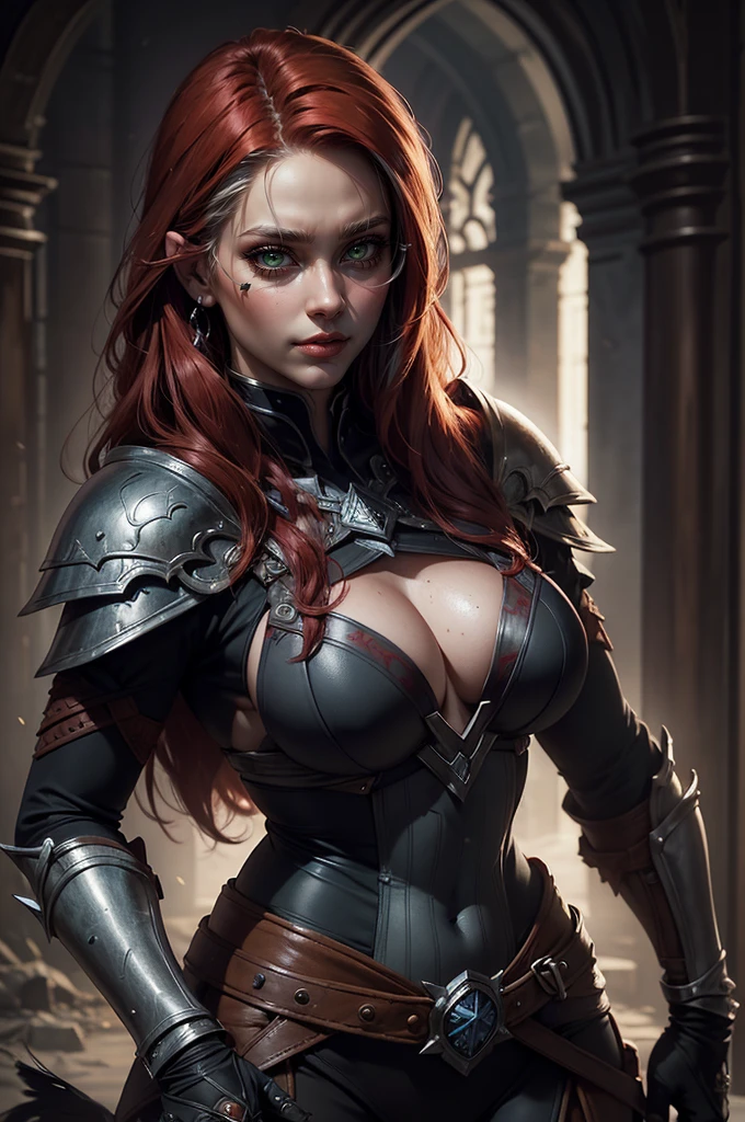 a close up of a woman in a costume with a sword, redhead queen in heavy red armor, a very beautiful berserker woman, female redhead templar, dungeons and dragons character, barbarian woman, north female warrior, shallan davar, very beautiful female barbarian, north adult female warrior, portrait of a barbarian woman, barbarian warrior woman, d & d fantasy character,cereza, 1girl, solo, glasses, blue eyes, gloves, ribbon, (bodysuit:1.2), (face focus:1.5), feathers, mole under mouth, future city background, (realistic:1.2), (realism), (masterpiece:1.2), (best quality), (ultra detailed), (8k), (intricate), (85mm), light particles, lighting, (highly detailed:1.2), (detailed face:1.2), (gradients), sfw, colorful, (detailed eyes:1.5), (detailed background), (rule of third_composition:1.3), (Line of action:1.2), beautiful face, highly detailed face, highly detailed skin, skin pores, subsurface scattering, (realistic), full face blush, full lips, detailed background, depth of field, volumetric lighting, sharp focus, absurdres, realistic proportions, good anatomy, (realistic, hyperrealistic:1.4), 16k hdr,"Describe the facade of a woman who presents herself as malevolent but harbors hidden vulnerabilities. What lies beneath the mask of evil, and is redemption possible? big green eyes red and black outfit,
