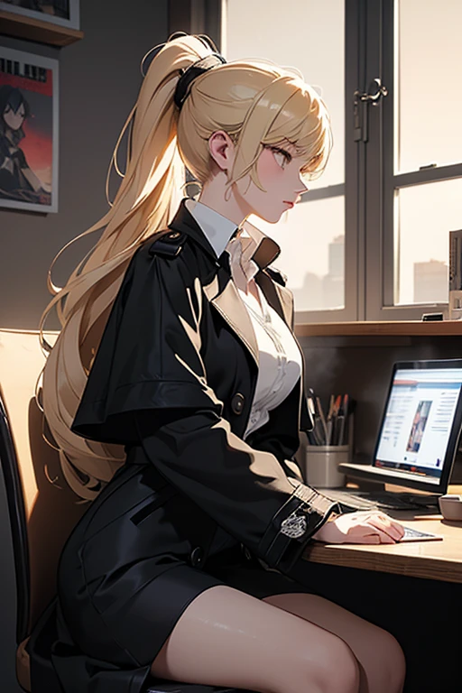 (masterpiece:1.2), Best Quality, (illustration:1.2), (ultra detailed), hyper details, (delicate detailed), (intricate details), (cinematic light, Best Quality Backlights), Delete line, soloist, perfect body, (1 girl), against a plain backdrop, sitting in an office chair, side profile, ((anime graphic novel style)) full body, character design, beautifull blonde woman, long hair, ponytail, bangs , 3, with black trench coat, big eyes, gloomy and eerie, volumetric light, (make up), high contrast, (better lighting, an extremely created and beautiful), (cinematic light), showy,